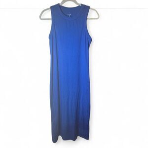 Womens Blue Ribbed Tank Maxi Dress Medium Coastal Minimalist Figure Hugging